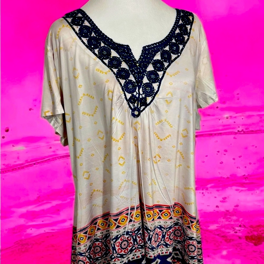 Women's Cream and Navy Embroidered Top